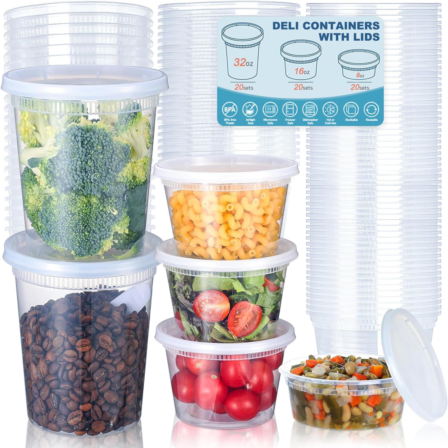 Food Storage Meals - 24 Stück Deli-Lebensmittel-Aufbewahrungsbehälter mit Deckel, Kunststoff-Lebensmittel-Aufbewahrungsbehälter