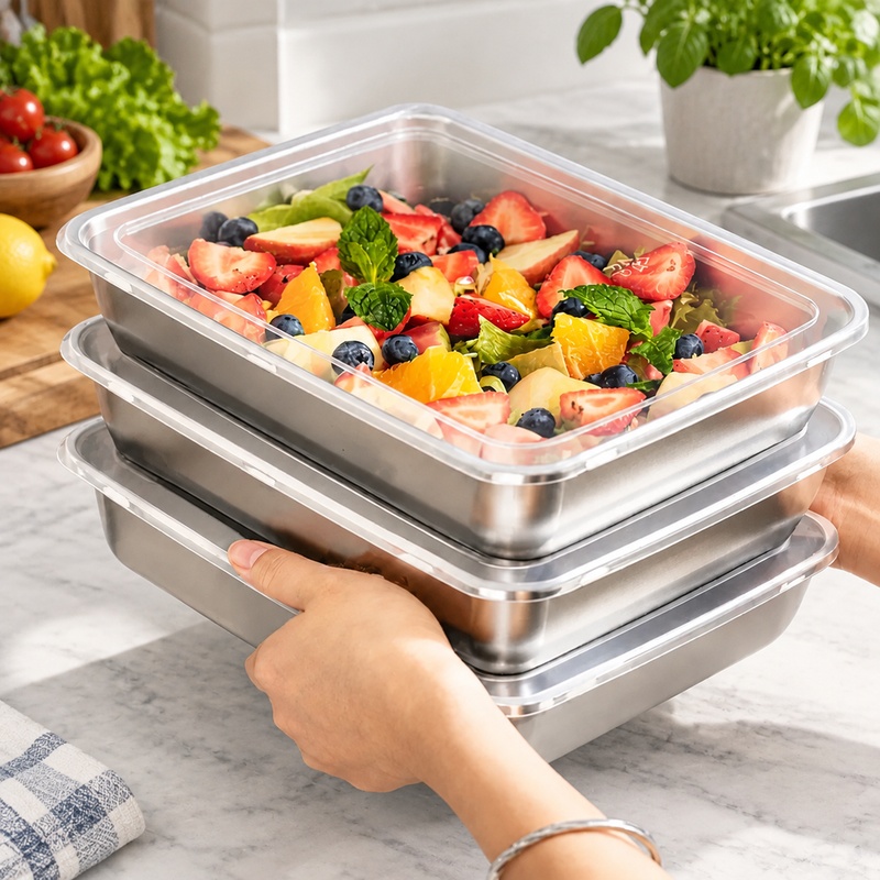 Food Storage Meals - 3-teilige Edelstahl-Lebensmittelbehälter mit transparenten Deckeln, auslaufsicheres